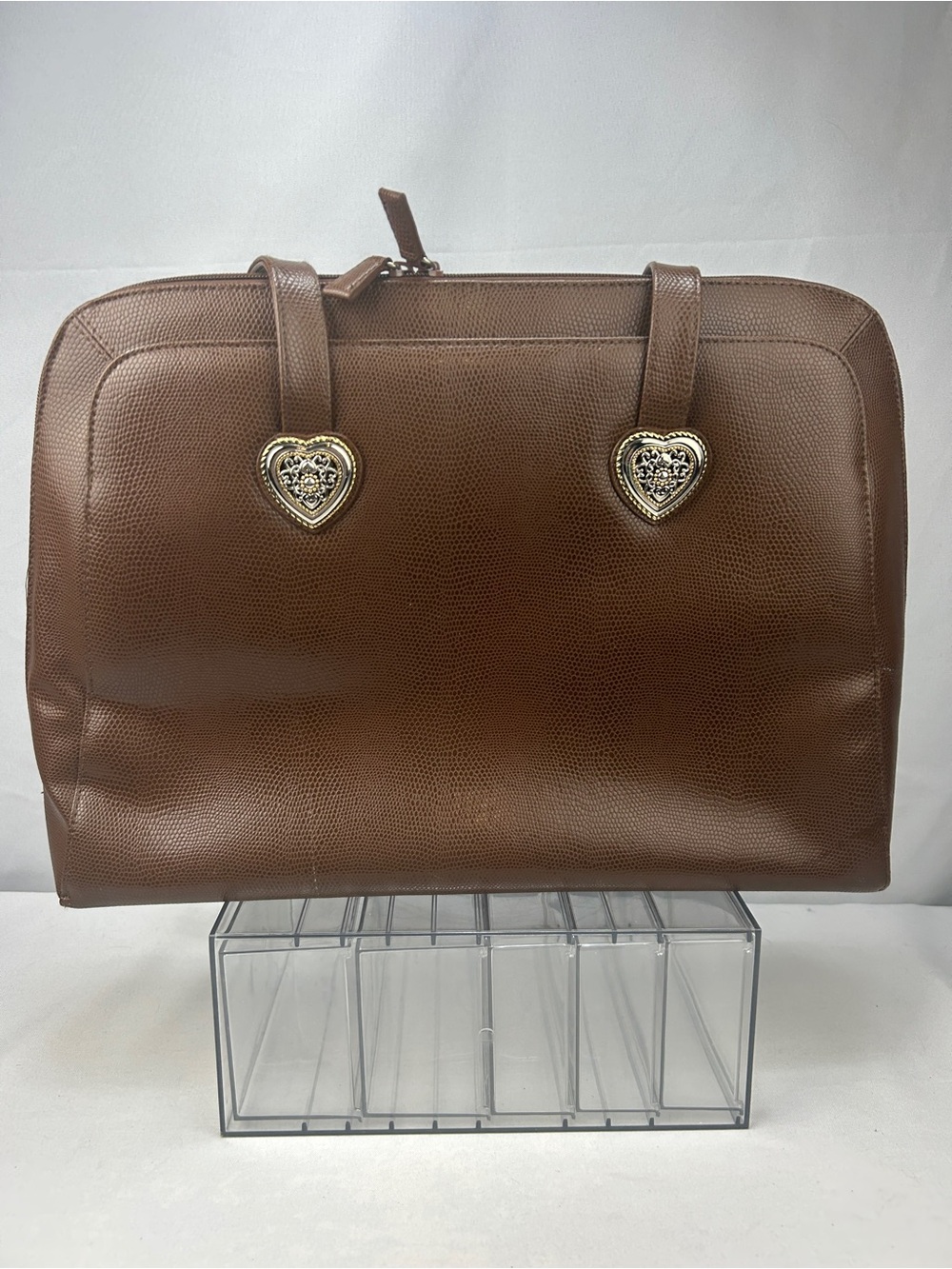 Classic Brown Structured Tote with Heart Accent
